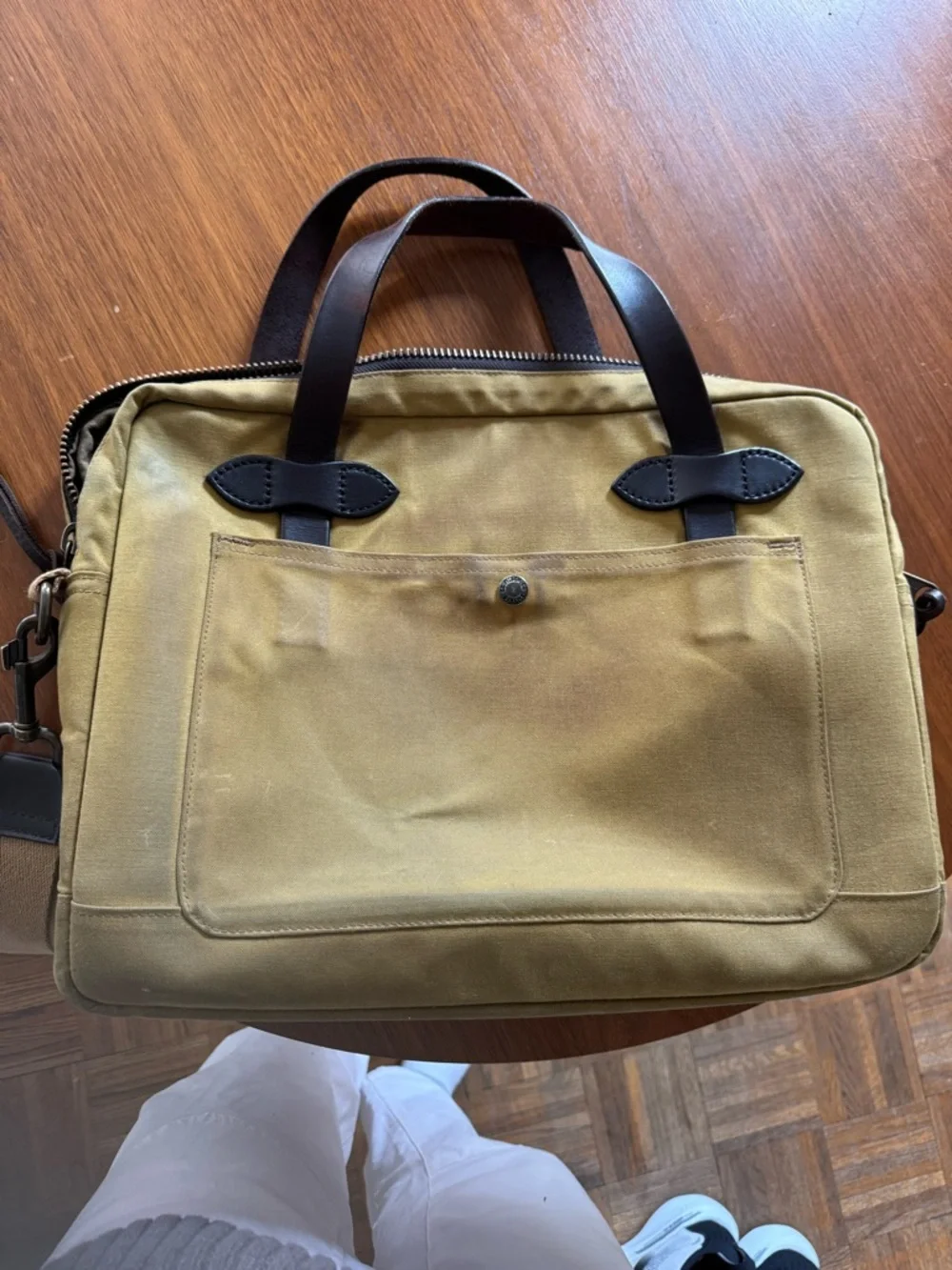 Filson Olive Canvas Briefcase with Black Leather Handles